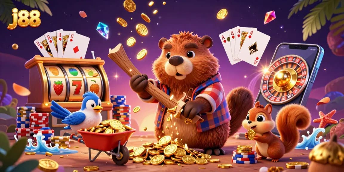 Play j88 for a thrilling casino experience with cartoon beaver and dazzling gold coins!