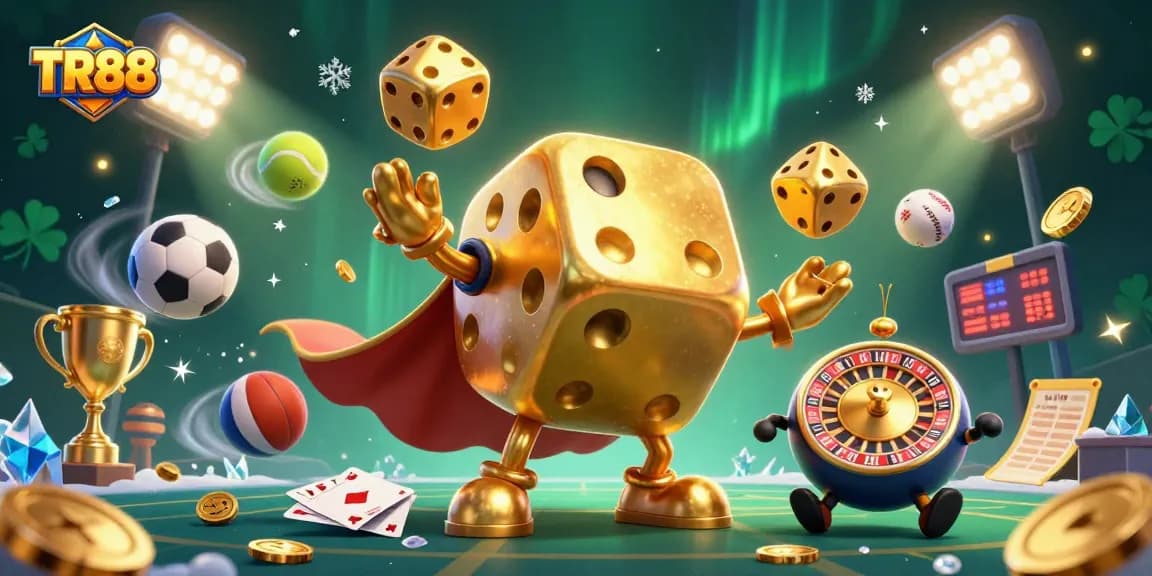 Join the excitement at TR88 with a dazzling 3D casino scene featuring golden dice and dynamic sports elements.