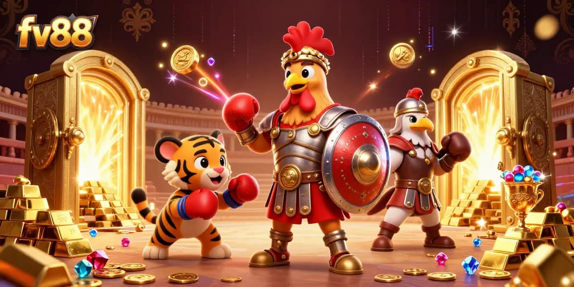 Experience the excitement of fv88 with a dynamic 3D gladiator rooster, sparring tiger cub, and treasure galore.