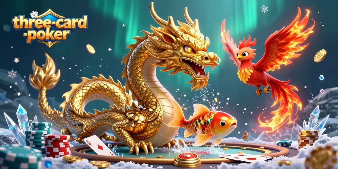 Play three-card-poker with high stakes at a vibrant casino featuring a dragon and koi fish.