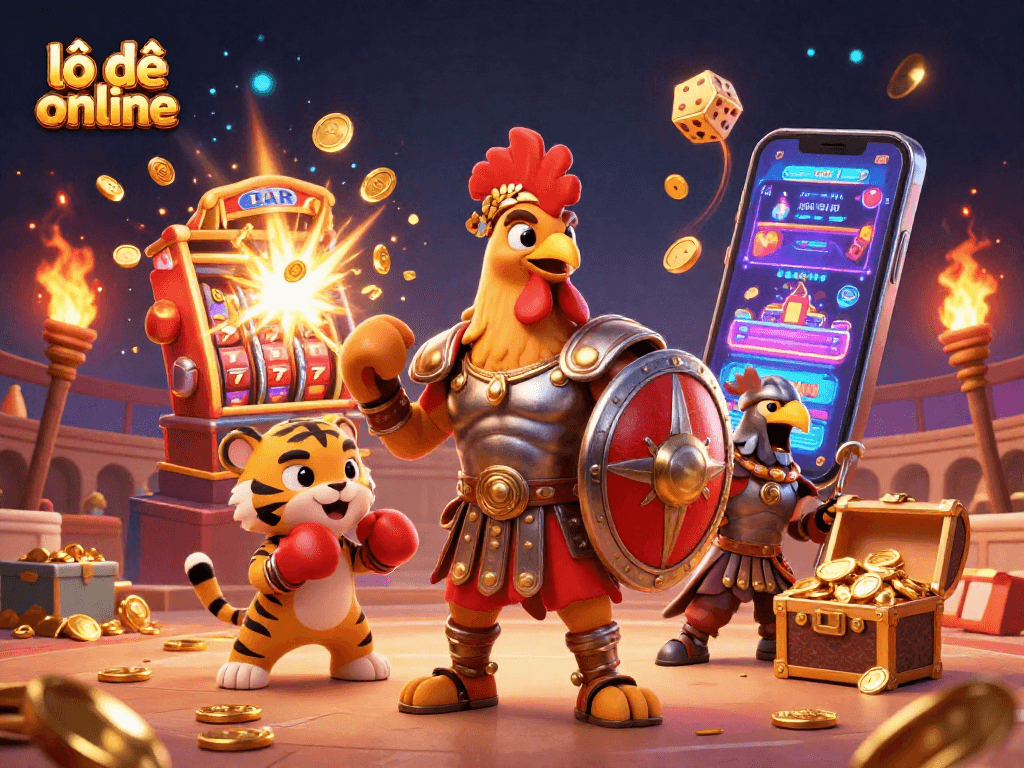 Win big with lô đề online, featuring a cartoon rooster and a dynamic casino scene.