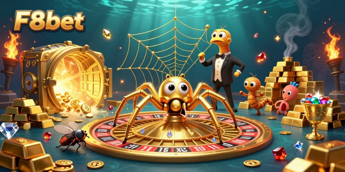 Experience F8bet with a golden spider spinning roulette webs and treasure elements.