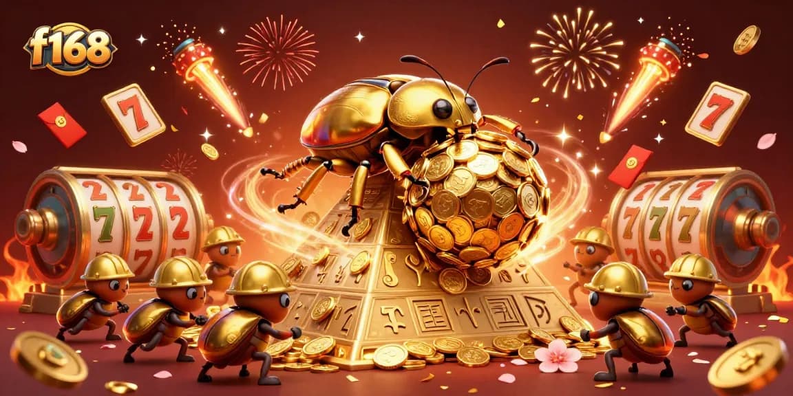 Join the excitement at f168 with a vibrant illustration of a golden beetle rolling in casino riches.