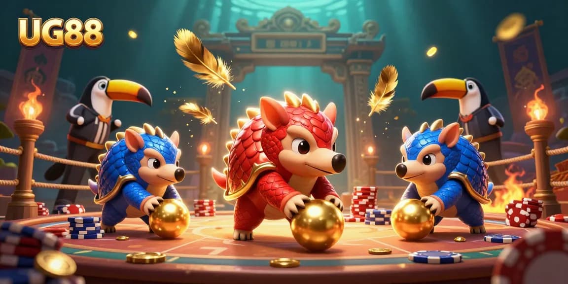 Engage in epic gaming with UG88, featuring rival pangolins and vibrant casino elements.