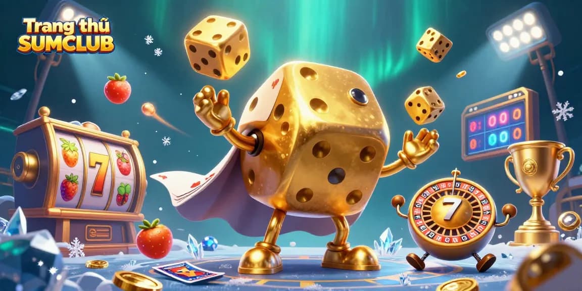 Spin your luck at Trang chủ SUMCLUB with dynamic slot reels and golden dices in an exciting casino scene.