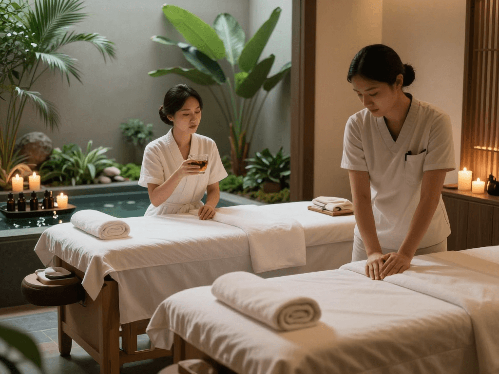 Relaxation at mantra88 spa, featuring a serene massage room setup with comfortable ambiance.