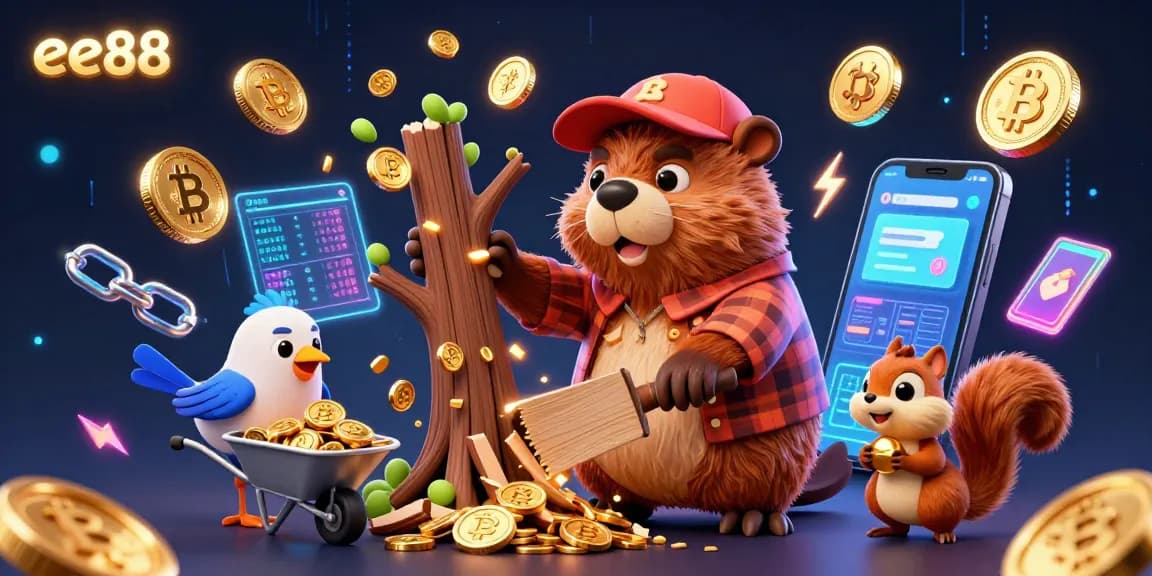 ee88 showcases a vibrant 3D cartoon scene with a beaver, bird, and squirrel collecting gold coins in a dynamic casino theme.