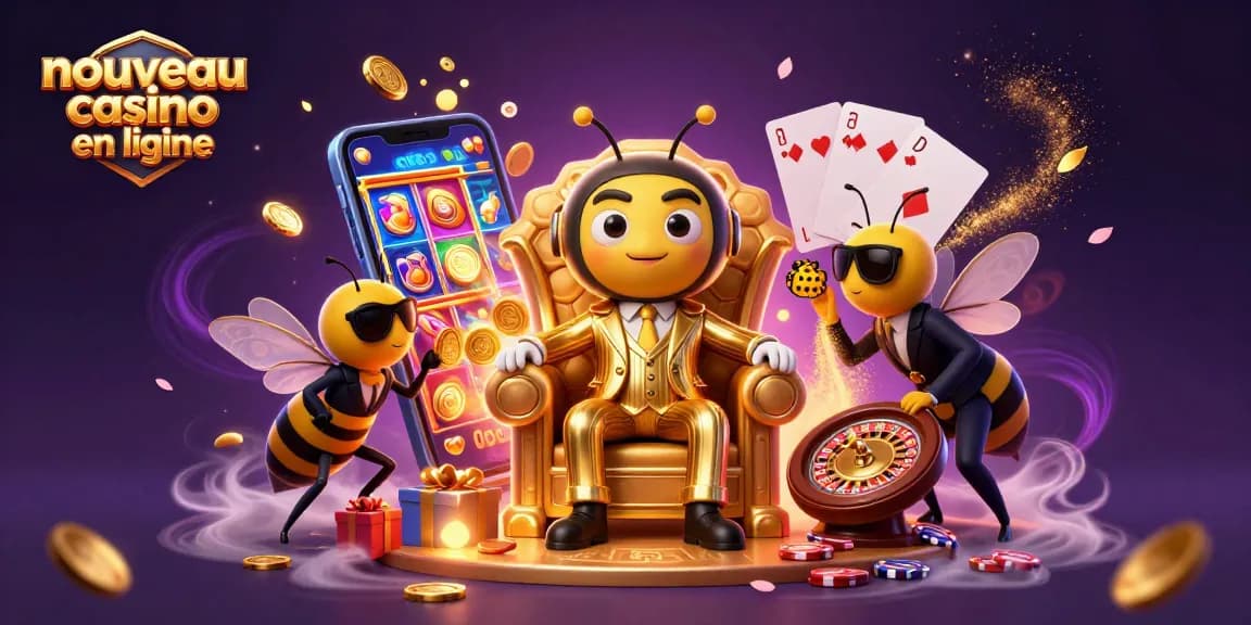 Illustration d'un nouveau casino en ligne, avec un boss abeille et des éléments de jeu colorés