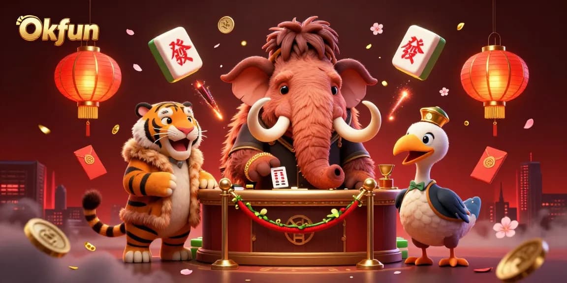 Engage with Okfun's vibrant casino atmosphere as a woolly mammoth checks IDs, welcoming players to exciting gambling action.