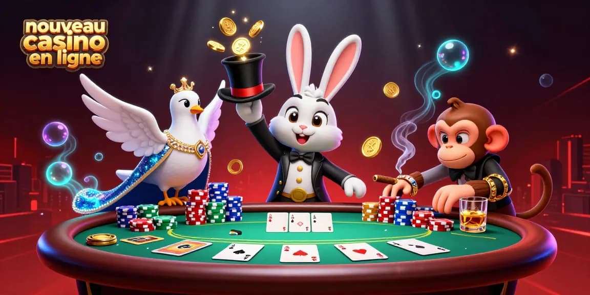 Illustration captivante d'un nouveau casino en ligne avec un magicien, une colombe et un singe, accompagnée de jetons de poker.
