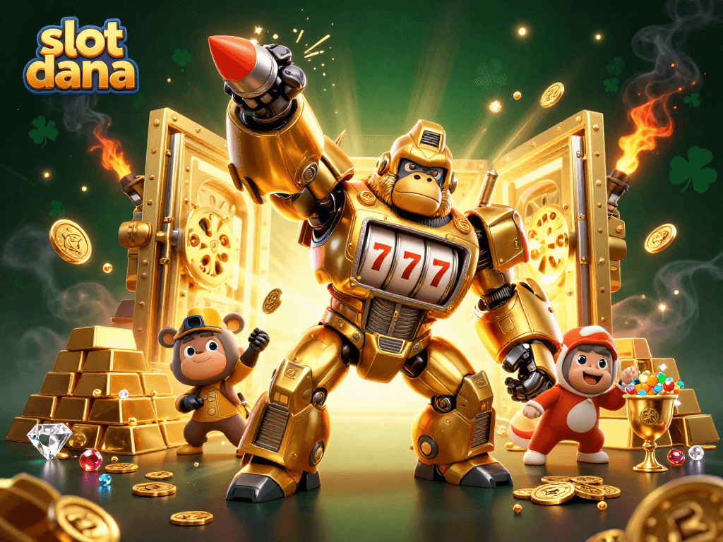 Spin to win at slot dana with animated golden gorilla mech and treasure explosion.