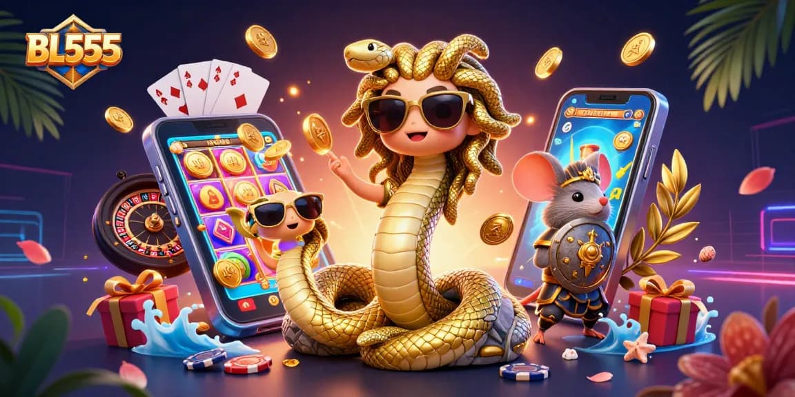 Win big with BL555 in this vibrant casino scene featuring Medusa and interactive gaming elements.