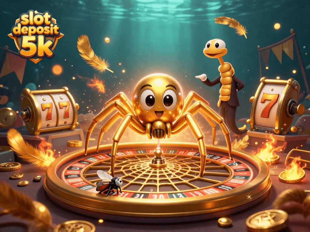 Engage with slot deposit 5k as a golden spider spins a roulette wheel web in an energetic casino scene.