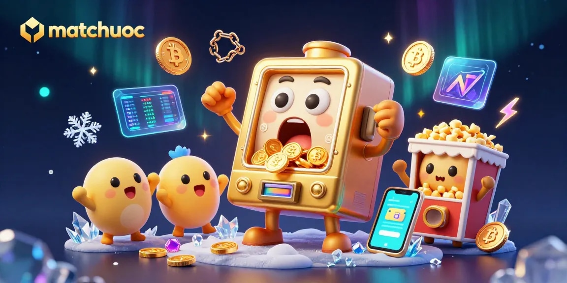 Watch the matchuoc golden slot machine celebrate its jackpot amid a colorful casino scene filled with crypto elements.