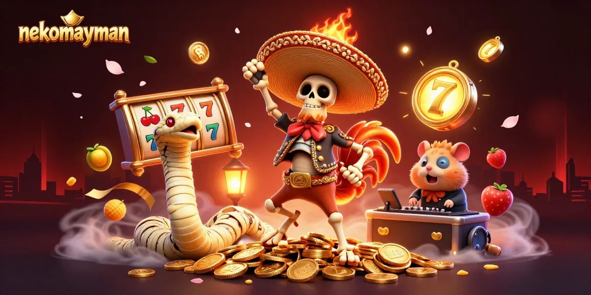 Neko May Mắn takes center stage, showcasing thrilling slot elements and lively casino characters in a vibrant scene.