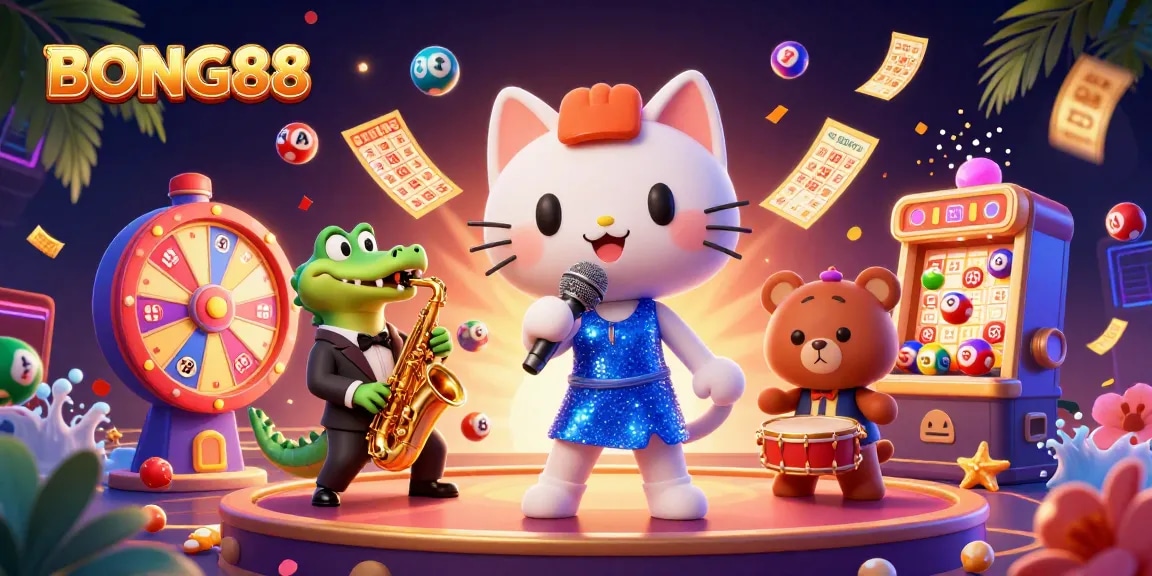 BONG88 showcases an exciting casino scene with vibrant characters and lottery elements promoting player engagement.