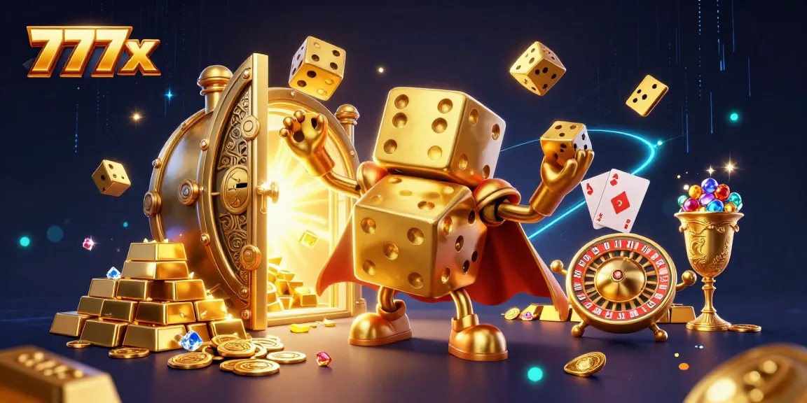 Experience thrilling gameplay at 777x as the animated golden dice juggle excitement amidst a treasure vault.