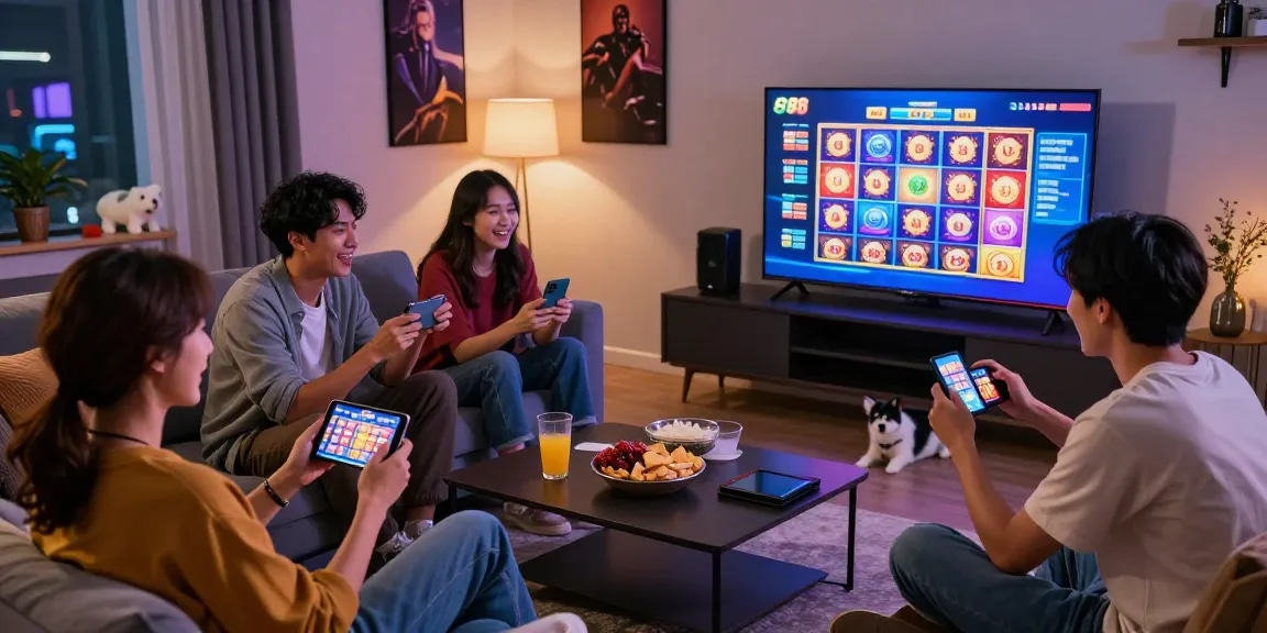 Teman sedang bermain slot88 di ruang tamu yang nyaman dengan semangat.