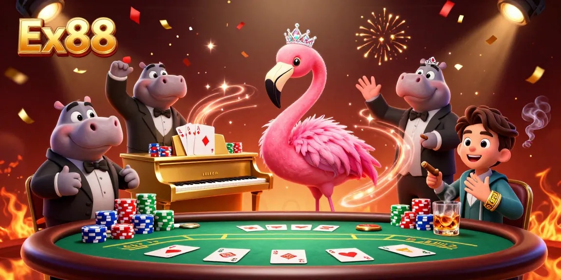 Join the fun at Ex88 casino with vibrant characters celebrating wins at the poker table.