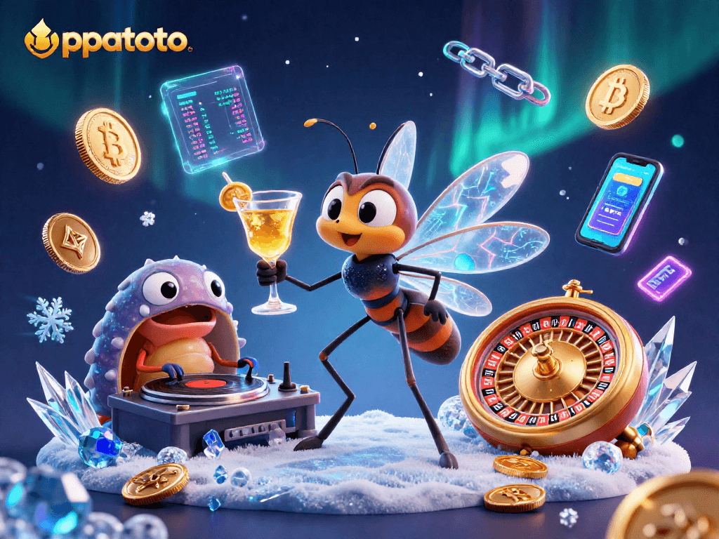 Engage with oppatoto’s exciting casino scene showcasing a unique frozen-in-amber mascot.