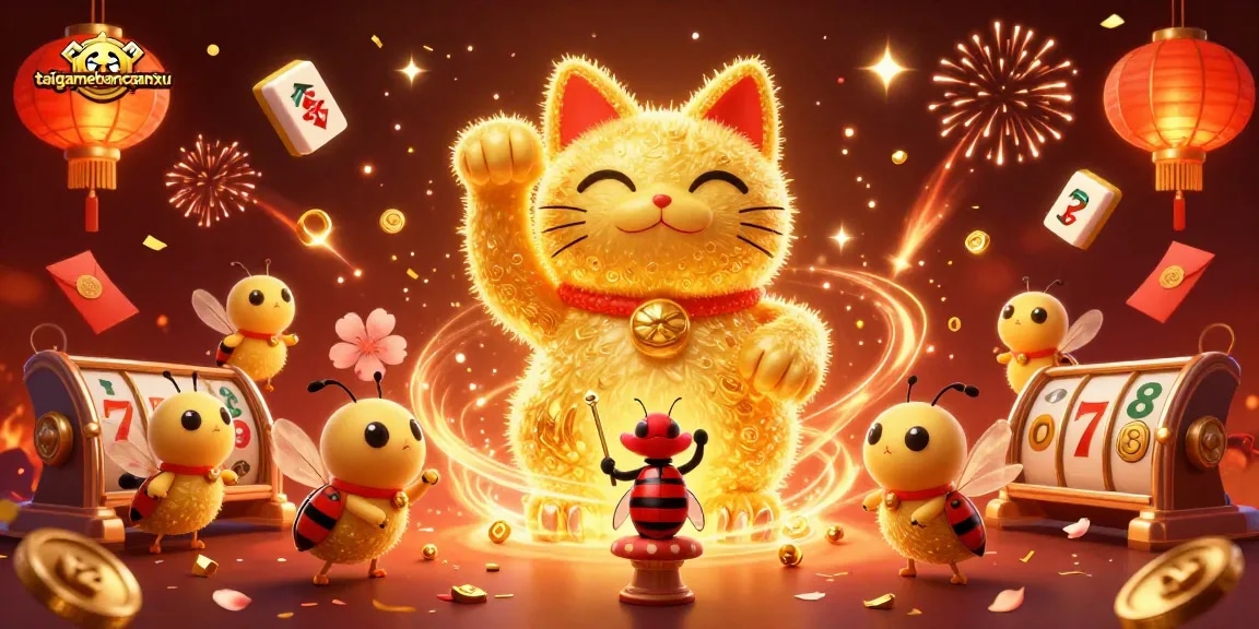 Experience the thrill of taigamebancaanxu with a vibrant 3D lucky cat and dynamic casino symbols.
