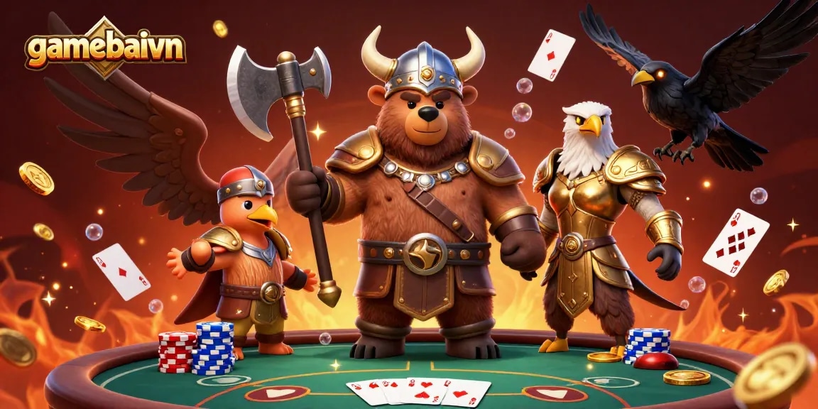 Poker action at gamebaivn featuring Viking bear and Valkyrie eagle with playing cards and chips.