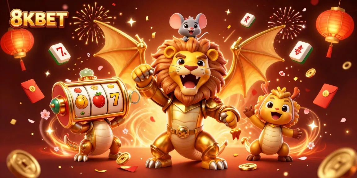 Engage with 8KBET through a vibrant casino-themed 3D illustration filled with dynamic gameplay elements.