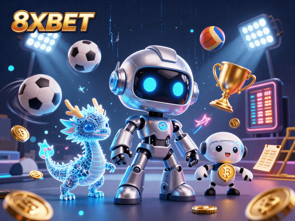 Experience sports betting excitement with 8XBET featuring a futuristic scene of vibrant 3D characters and elements.