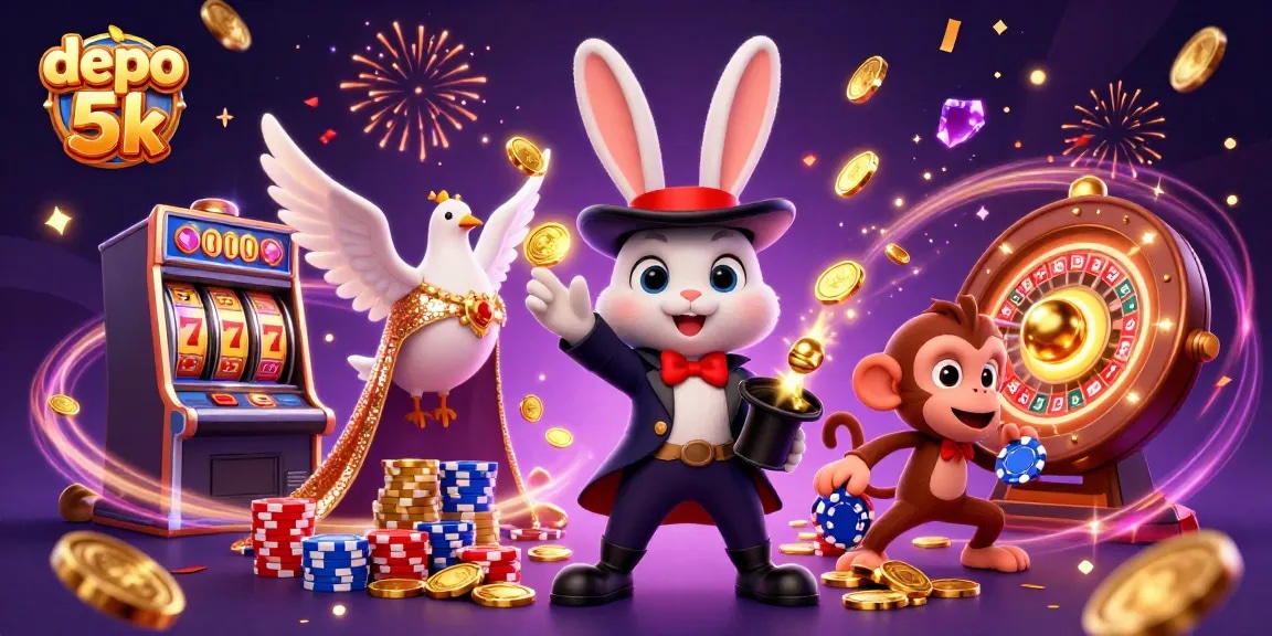 Visualisasi depo 5k dengan seorang magician kelinci menarik koin emas dari topi, sangat menarik untuk pemain slot.