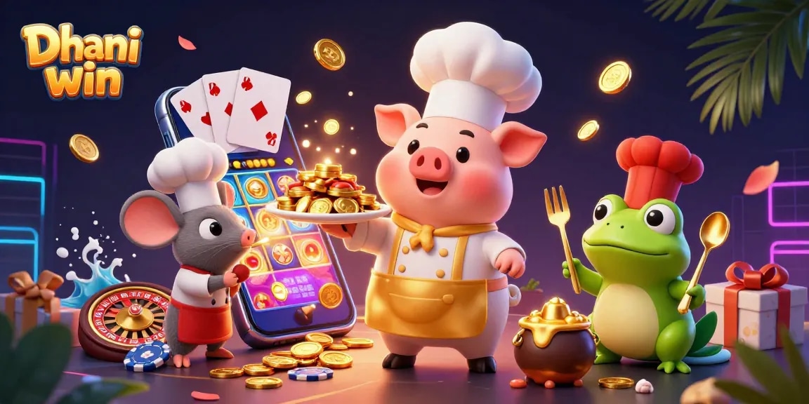 Dhani win offers exciting gameplay as a chef pig serves gold coins amidst vibrant casino elements.