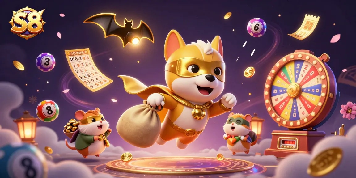 Engage with S8's excitement as a superhero dog flies through vibrant casino elements, promoting fun.