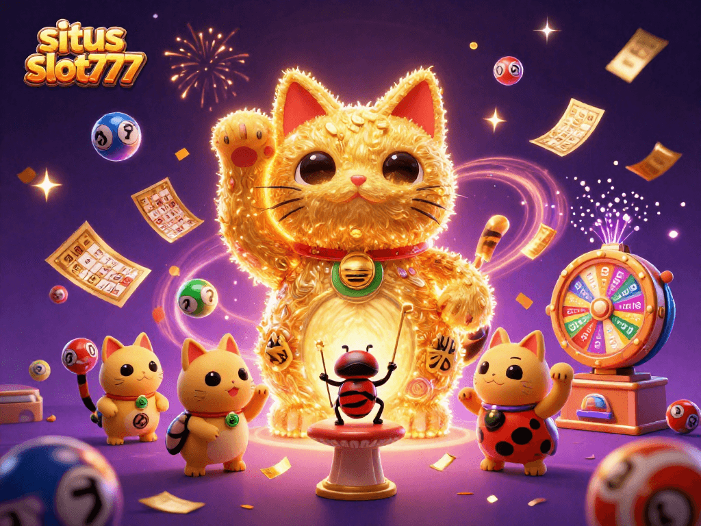 Experience situs slot777 with our vibrant scene of a lucky cat amid colorful casino symbols.
