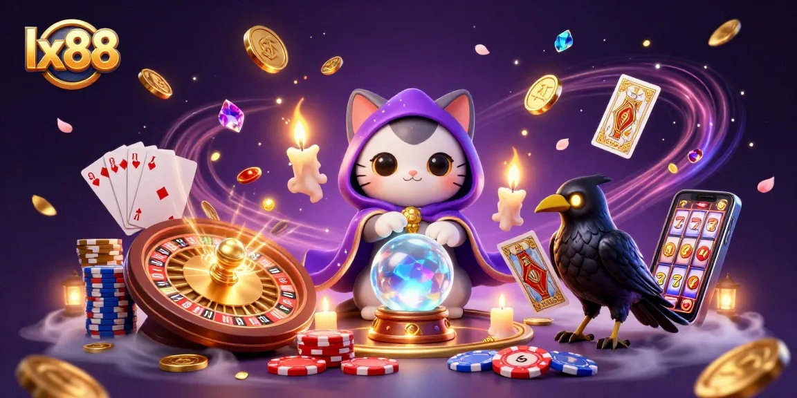 Engage with lx88's vibrant casino scene showcasing a mystic fortune teller, tarot raven, and dazzling game elements.