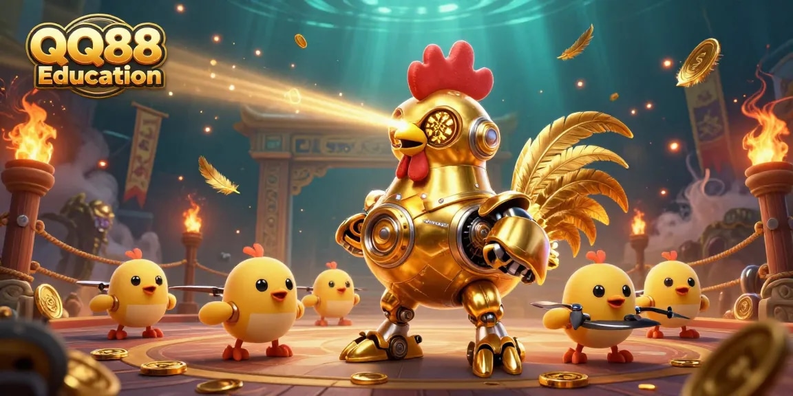 Engage in thrilling gameplay at QQ88 Education with a futuristic rooster robot and baby chick drones in action.