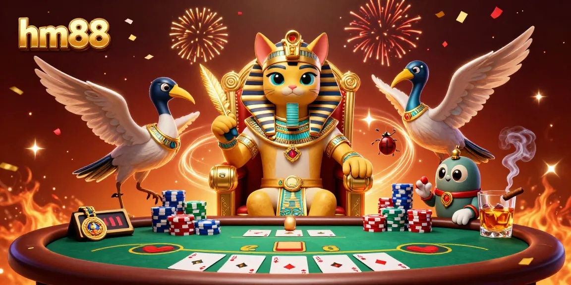 Experience thrilling gameplay at hm88 with a vibrant scene of a pharaoh cat and poker actions.