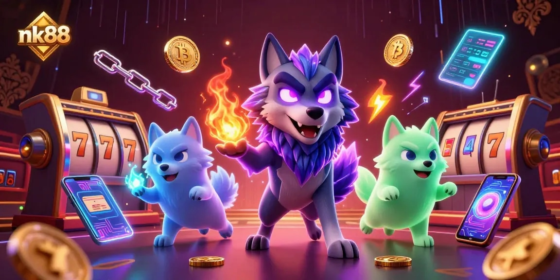 Experience nk88 casino action with glowing wolf characters and cryptocurrency elements in vibrant 3D illustration.
