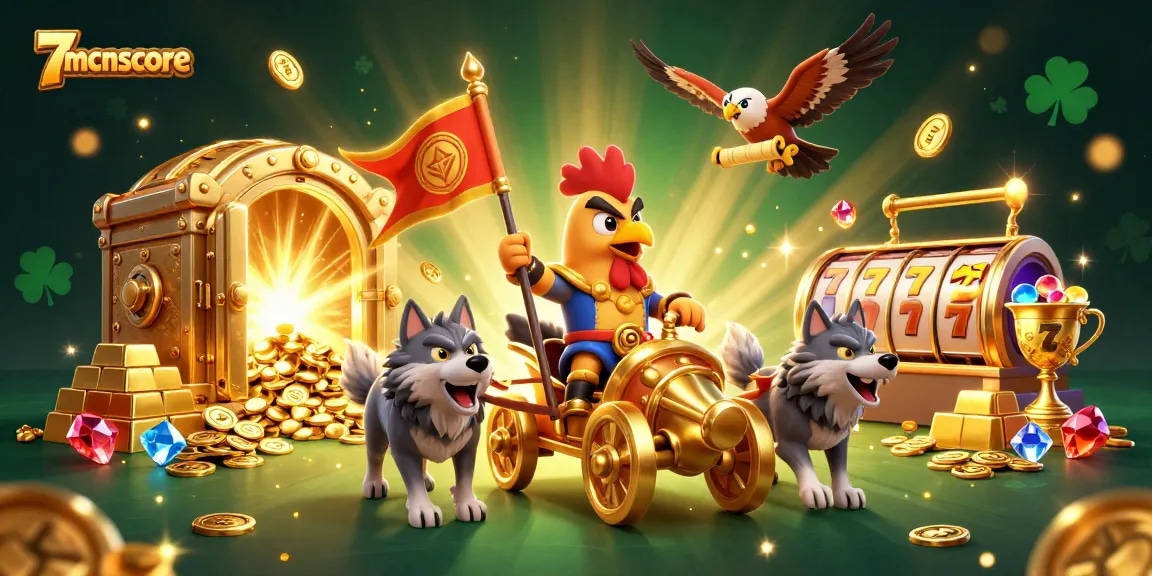 Experience the thrill of 7mcnscore with a vibrant 3D cartoon illustration showcasing a rooster warlord in a gold chariot