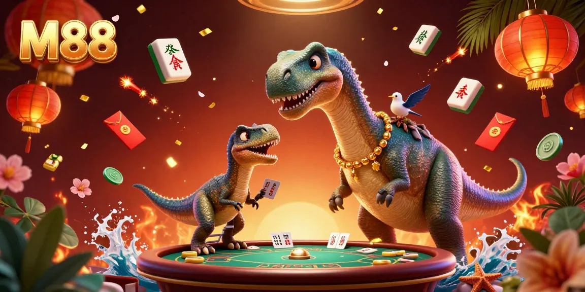 M88 brings excitement as the giant brontosaurus interacts with card games in a vibrant casino scene.