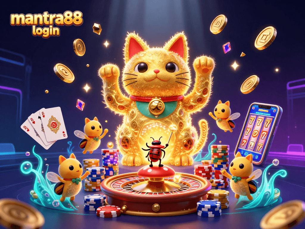 Experience the thrill of mantra88 login with a vibrant illustration featuring a lucky cat and casino elements.