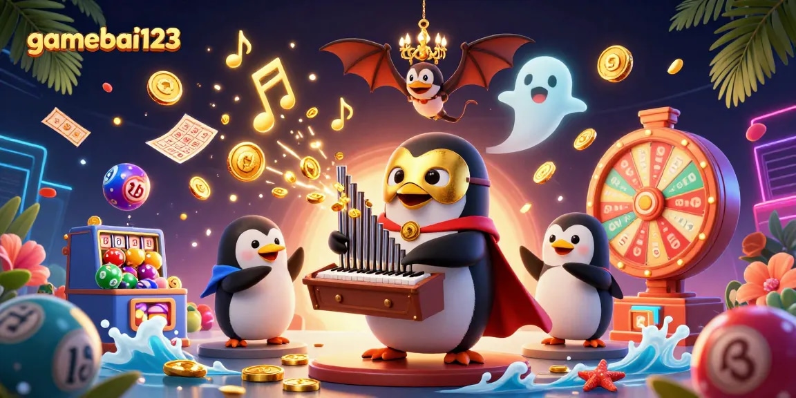 gamebai123 showcases a vibrant 3D casino scene with a penguin and dynamic gaming elements for thrilling play.