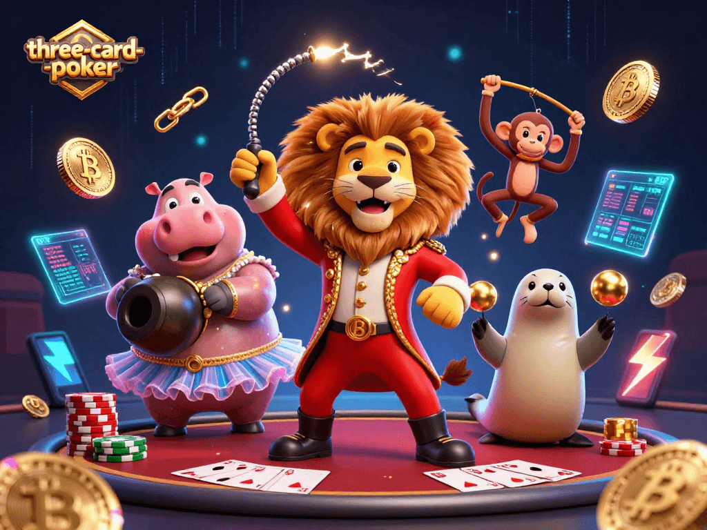 Engage in three-card-poker with vibrant characters, cards, and coins swirling dynamically.
