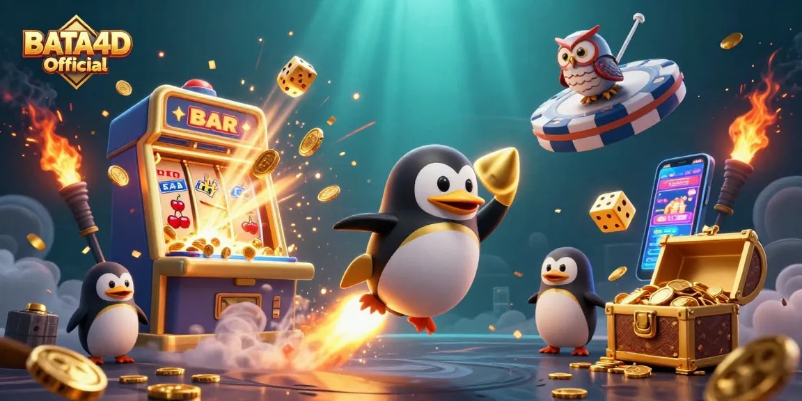 Engage with BATA4D Official through a thrilling casino adventure featuring a golden penguin in space.