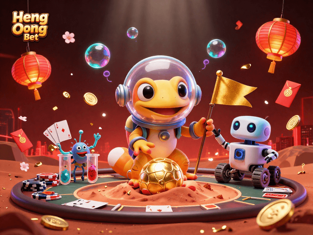 Experience the excitement of Heng Ong Bet at a golden space casino with vibrant poker action and lively characters.