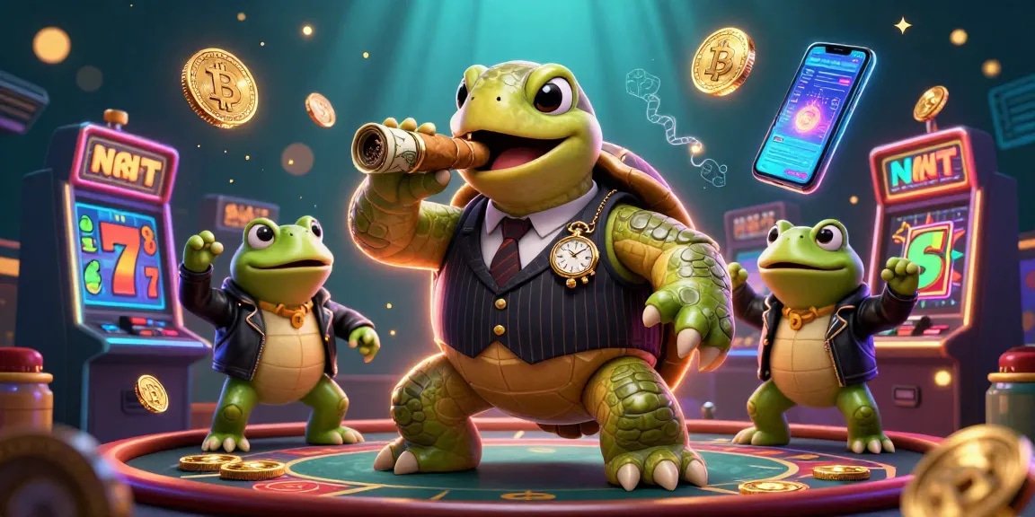 Players engage with dynamic casino elements in a mercedes-nohu themed digital illustration featuring a turtle in a mobster suit.
