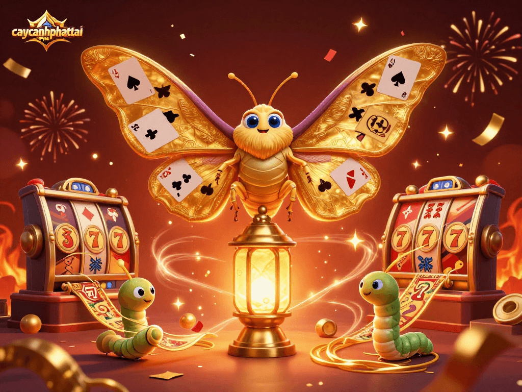 Caycanhphattai reveals exciting slot gameplay with a striking golden atlas moth and vibrant casino elements.