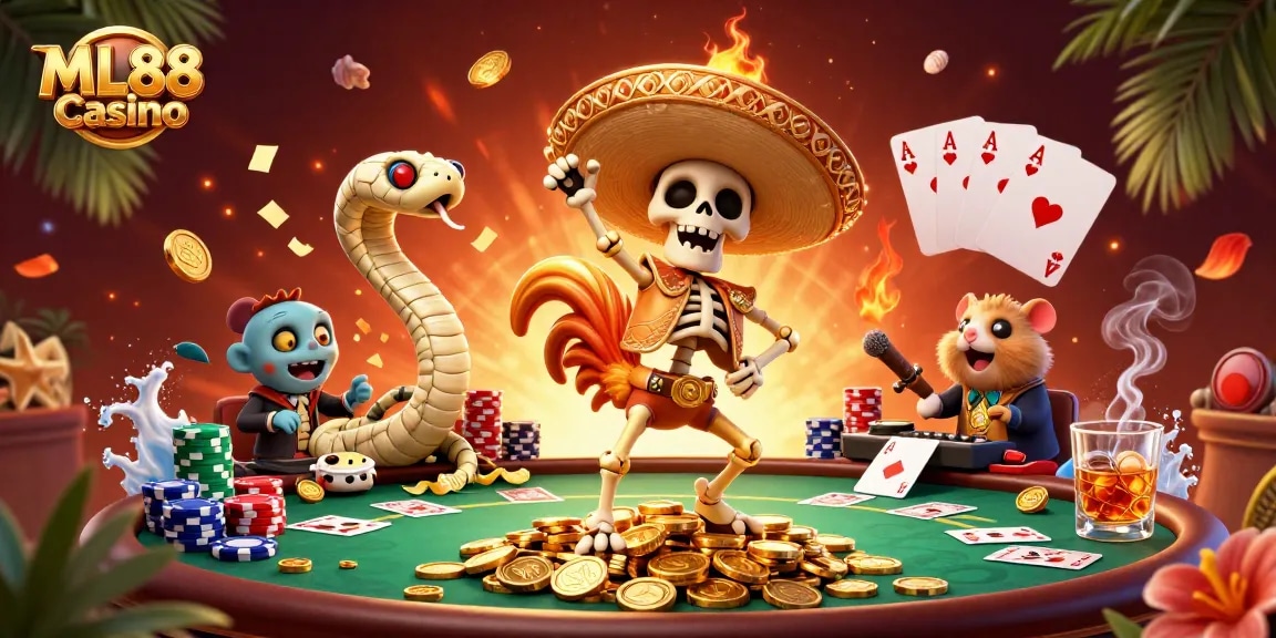 Experience vibrant gameplay at ML88 Casino with a colorful 3D party featuring unique characters amidst poker elements.