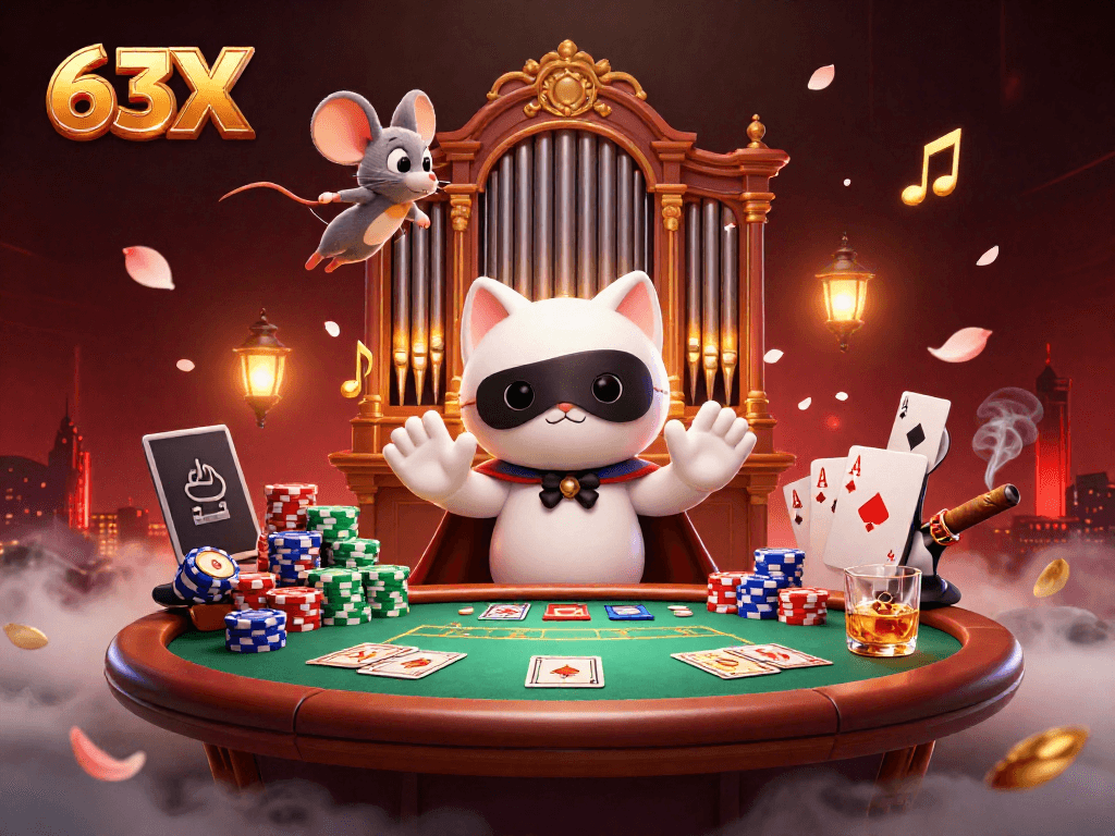 63X provoca ação intensa em cassino, com gato fantasma e muitos fichas coloridas.