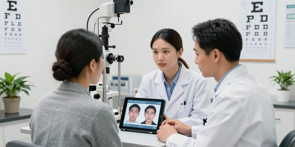 品川近視クリニックの口コミを基に患者と相談している光学医の画像