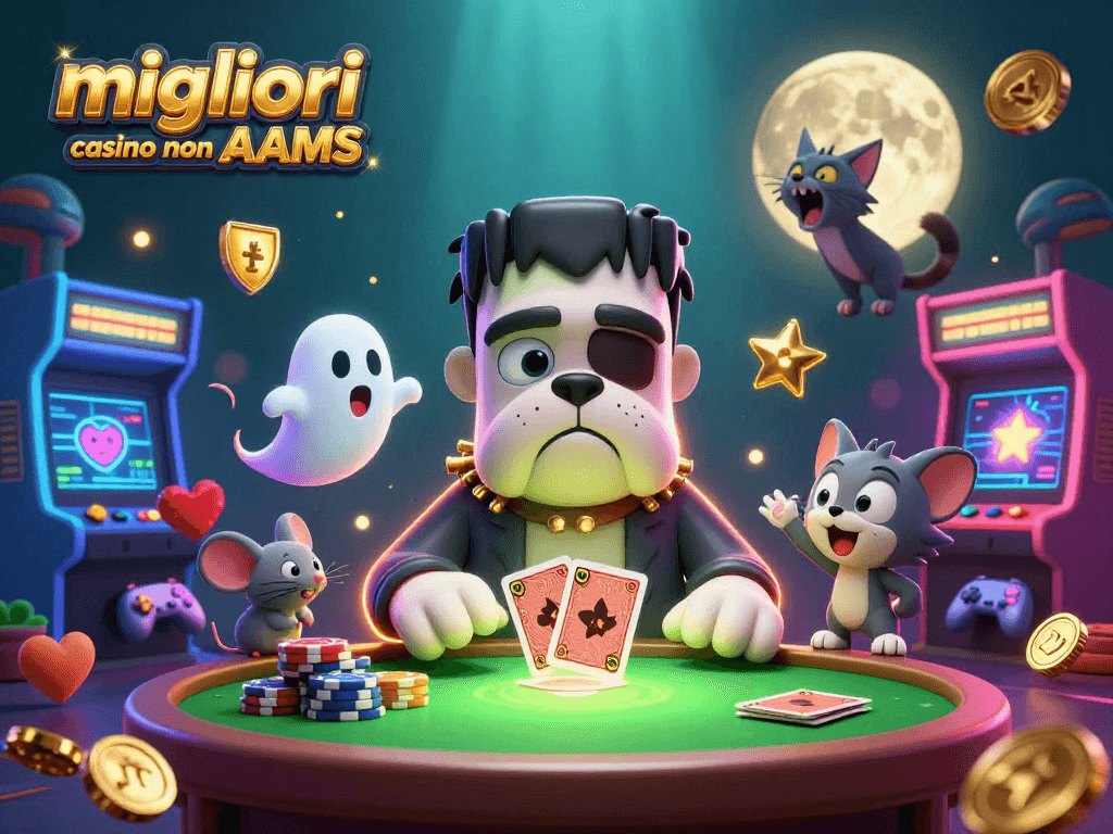 I migliori casino non AAMS presentano un'atmosfera vivace con personaggi unici che giocano a carte tra giochi arcade e scintillanti monete d'oro.