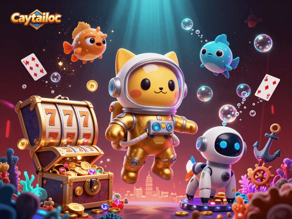 Spin the reels in caytailoc as astronaut cat and robot dog gather treasures amid glowing underwater wonders.
